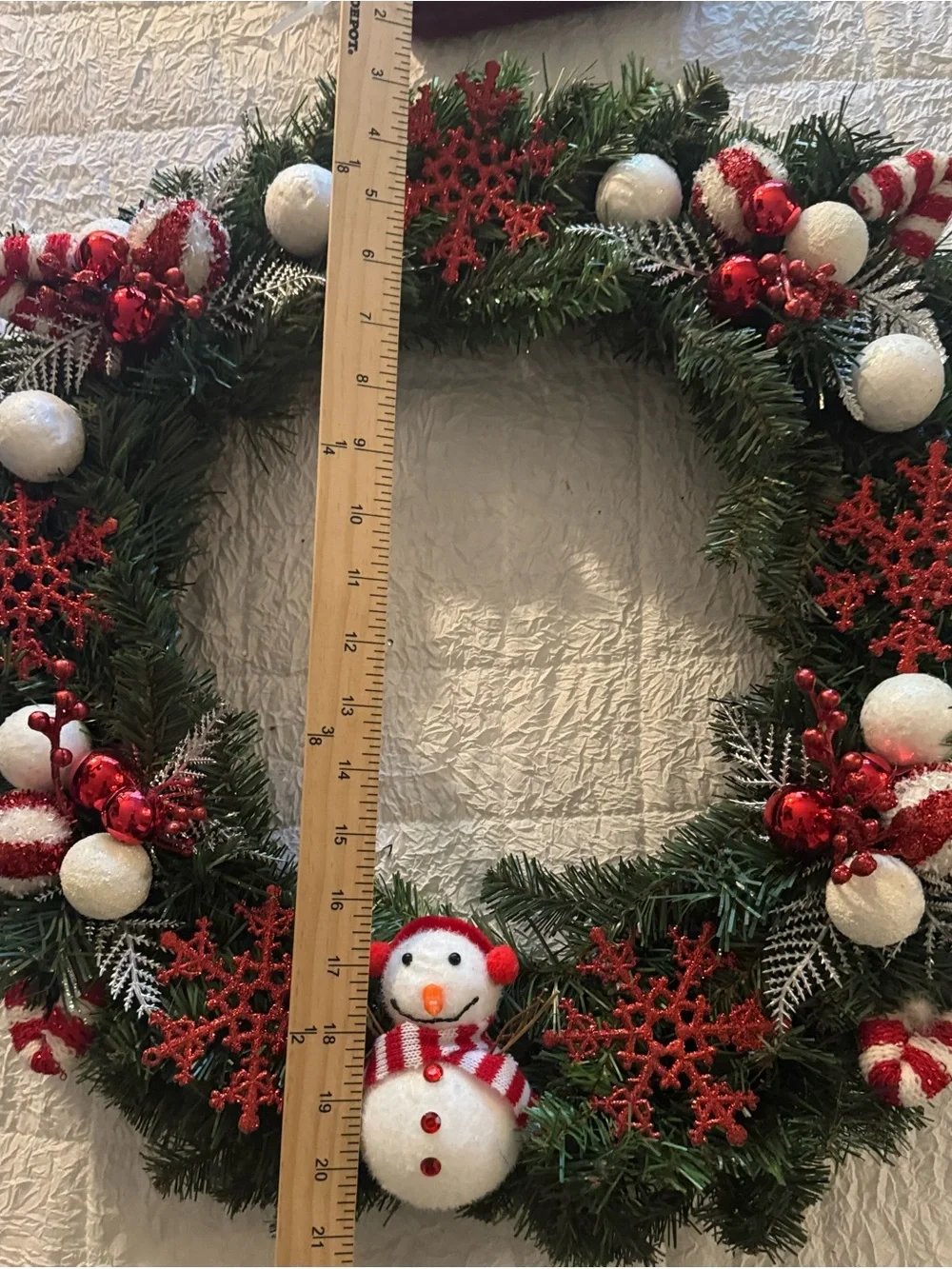 Festive Snowman Holiday Wreath in Green, Red & White
